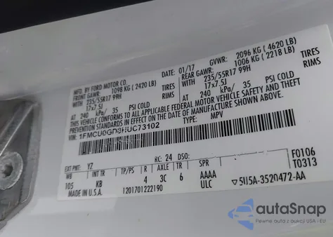 2017 Ford Escape Se from USA, damaged, VIN 1FMCU0GD8HUC73102
